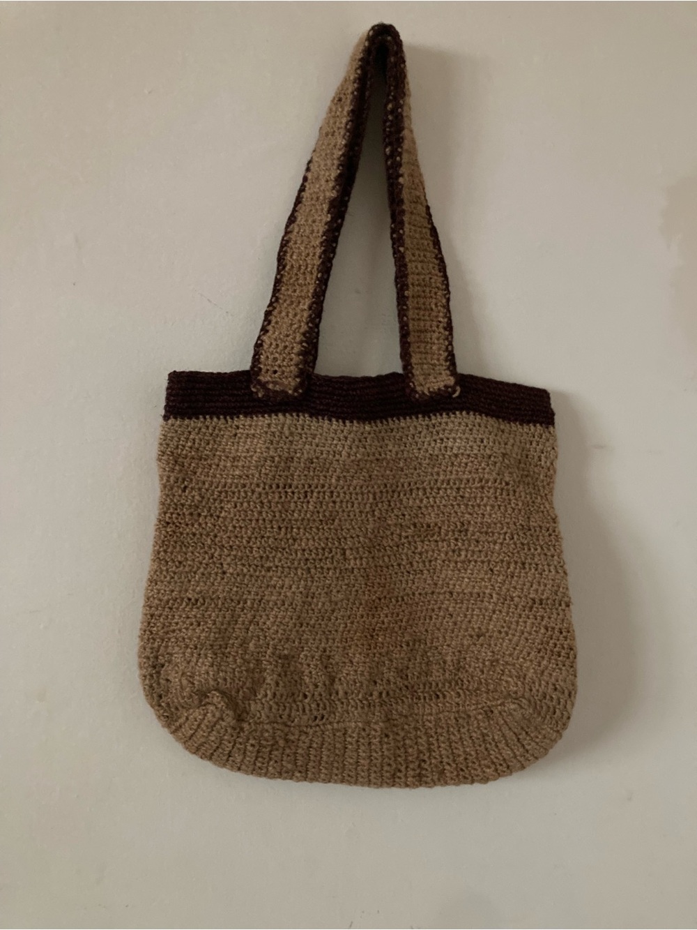 Beige Crochet Tote with Dark Brown Trim – Casual Everyday Bag